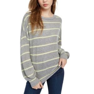 long sleeve grey blouse with pastel yellow stripes